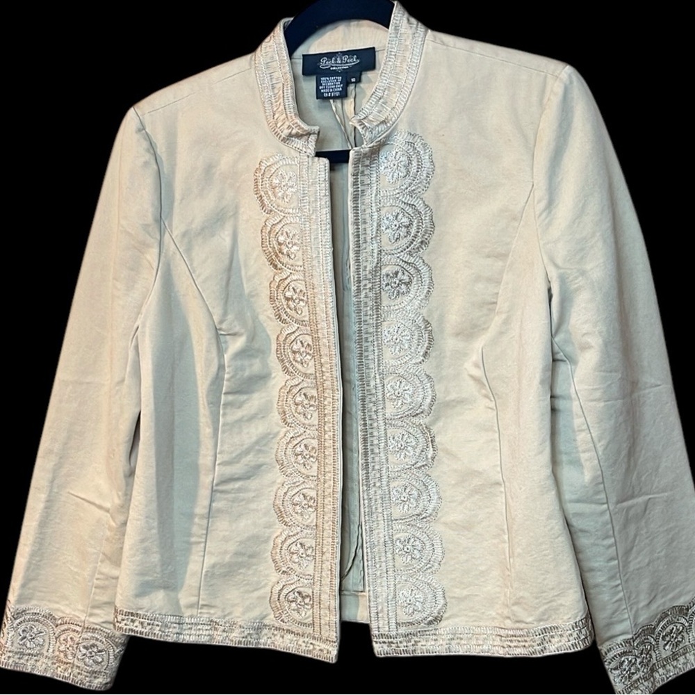 Peck & Peck Embroidered Floral Open Front Blazer Jacket Khaki Tan Women’s 10